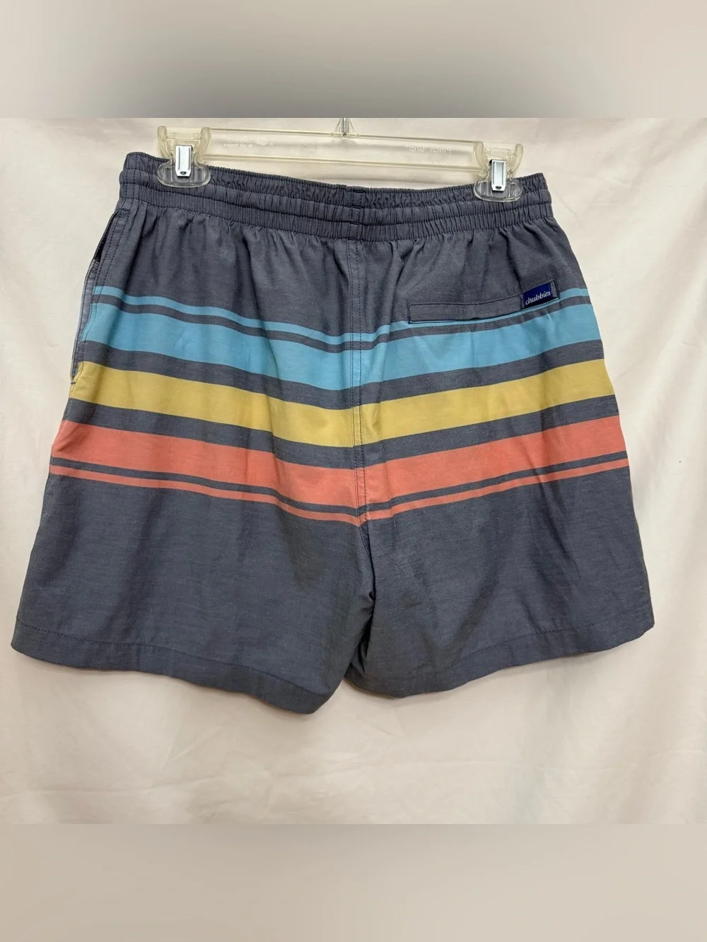 Men's Chubbies Striped Swim Shorts in Dark Grey w/ Blue/Yellow/Coral Stripes, L